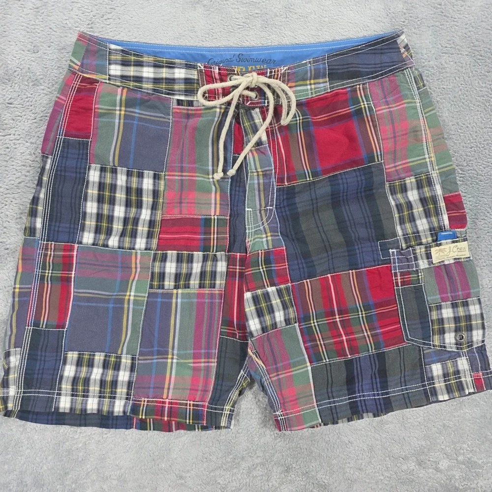 J.Crew Patchwork Plaid Board Shorts Multicolor 33 Mens Beachwear Madras Surf